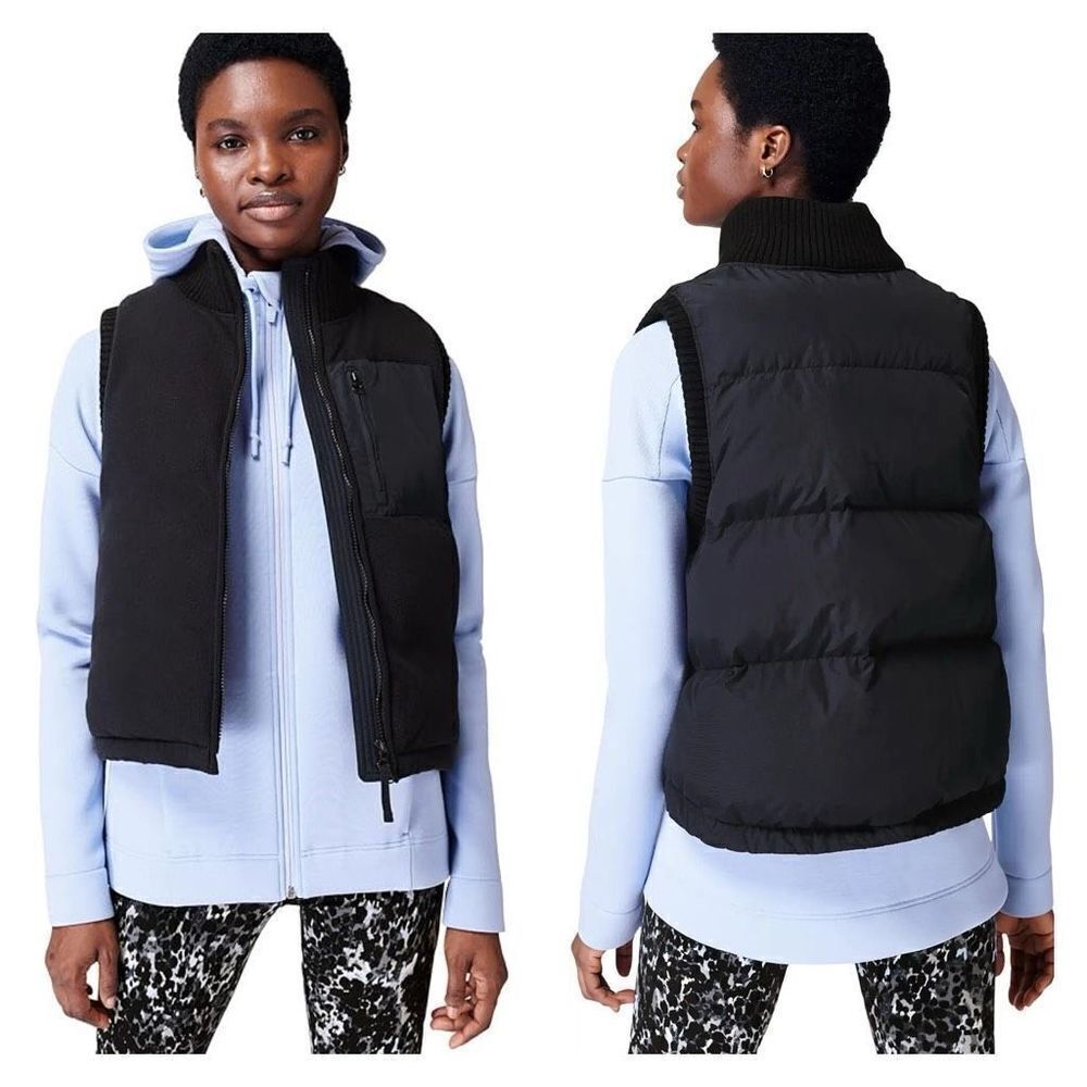 NWT Sweaty Betty‎ Venture Padded Mixed Media Fleece Vest XS black blue cropped